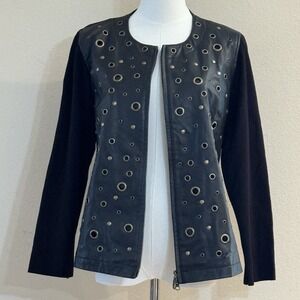 Leather Grommet Moto Jacket Black Knit Zip Front Caprice Women's M